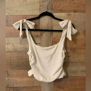 Free People Crop Tank Small Cream Tie Strap Ruched Ribbed Square Neck Boho